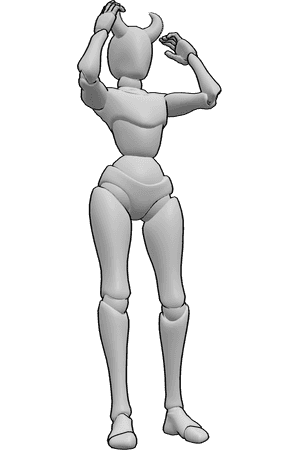 Referencia de poses- Postura de tocar los cuernos - Mujer de pie, con cuernos, tocándose con las manos