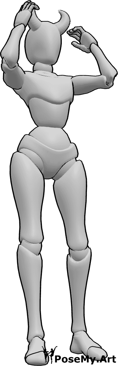 Pose Reference- Touching horns pose - Female is standing, wearing horns, touching it with her hands