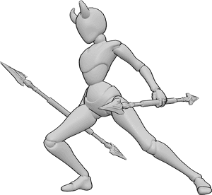 Referencia de poses- Peleadora con cuernos posa - Luchadora de pie, sosteniendo lanzas, con cuernos, lista para atacar