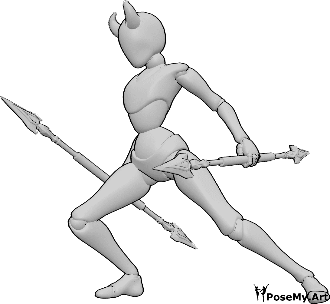 Referencia de poses- Peleadora con cuernos posa - Luchadora de pie, sosteniendo lanzas, con cuernos, lista para atacar