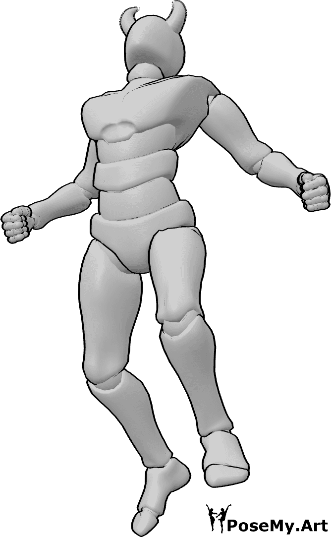 Pose Reference- Horns transformation pose - Male is floating, rising, his muscles are tensing, breakthrough transformation pose