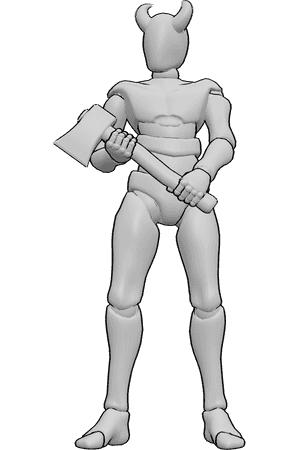 Referencia de poses- Varón con cuernos sosteniendo un hacha - Varón de pie, con cuernos, sosteniendo un hacha con ambas manos
