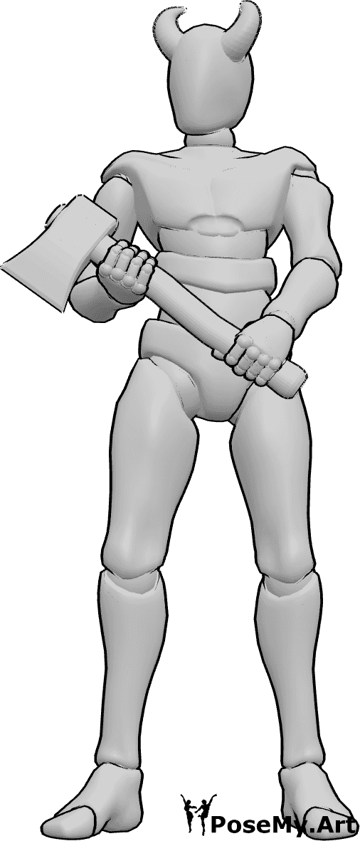 Pose Reference- Male wearing horns holding axe pose - Male is standing, wearing horns, holding an axe with both hands