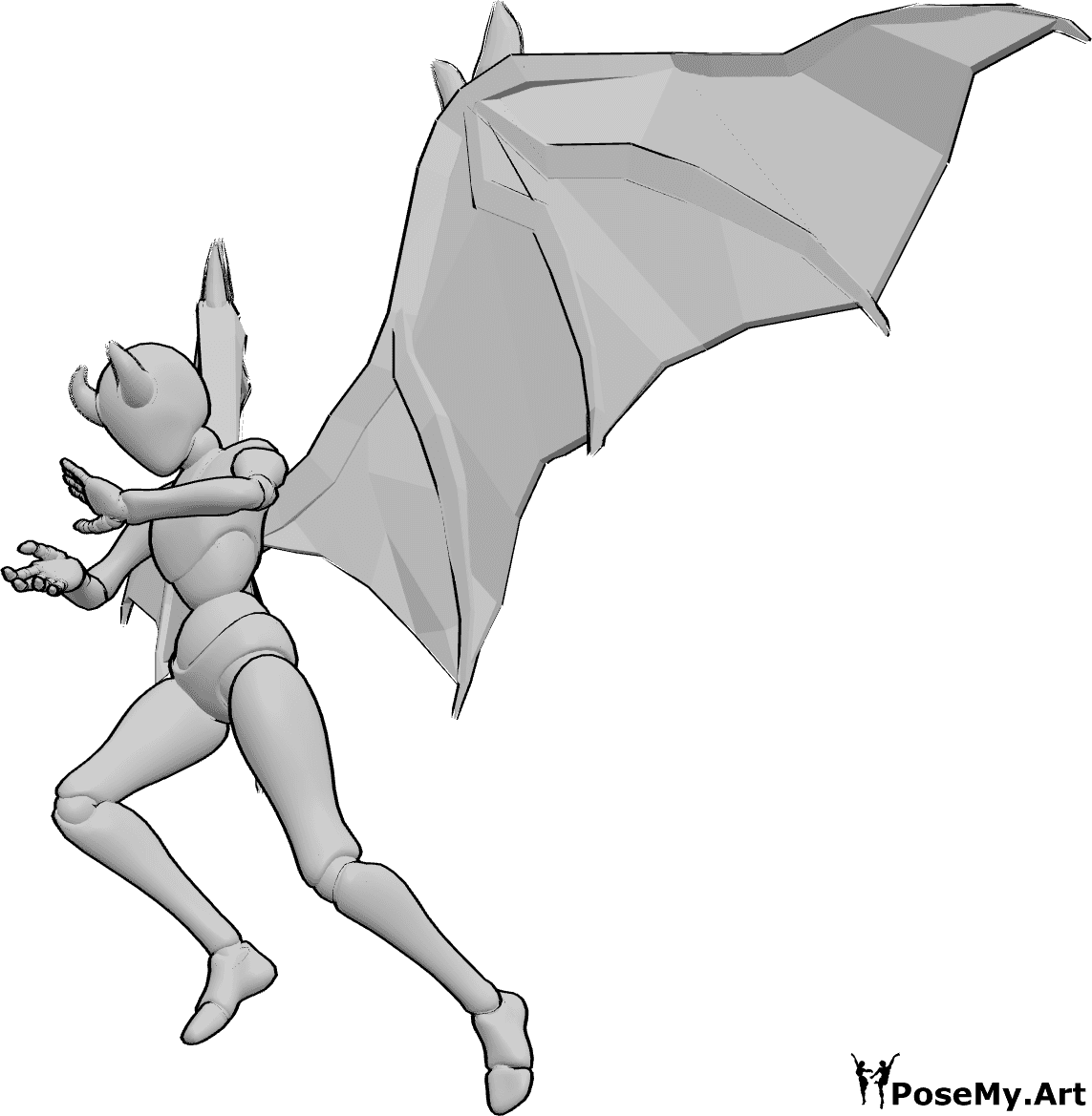 Pose Reference- Devil female spell casting pose - Female devil is casting a spell, wearing devil wings and horns