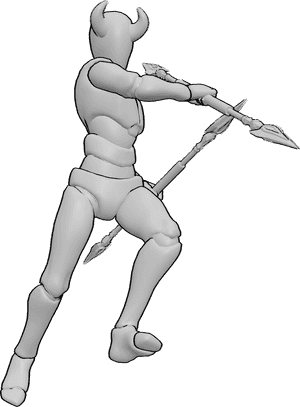 Referencia de poses- Peleador masculino con pose de cuernos - Luchador masculino está atacando, sosteniendo lanzas, llevando cuernos