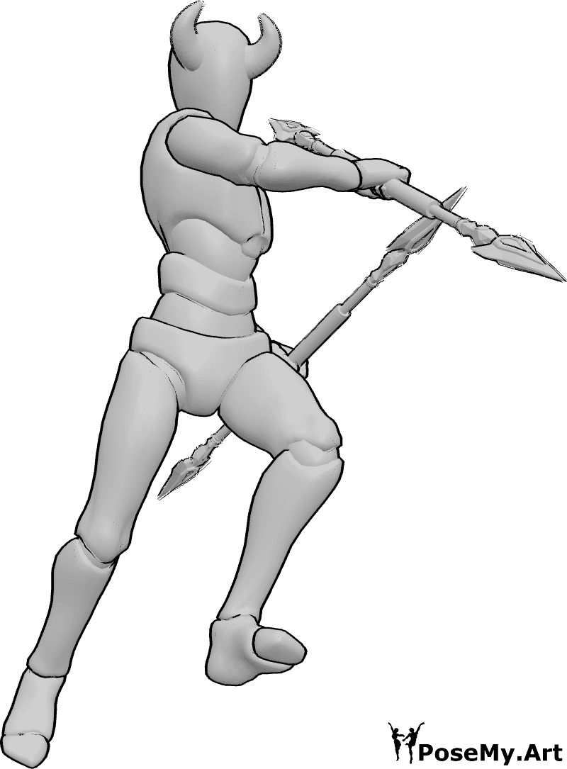 Pose Reference- Male fighter with horns pose - Male fighter is attacking, holding spears, wearing horns