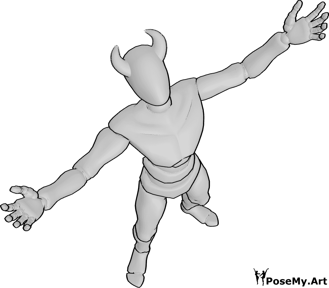 Pose Reference- Wearing horns looking up pose - Male is standing and looking up, spreading his arms, wearing horns