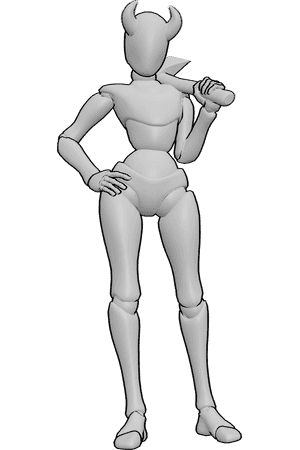Referencia de poses- Mujer con cuernos sujetando un hacha - Mujer de pie, con cuernos, con un hacha en la mano izquierda.