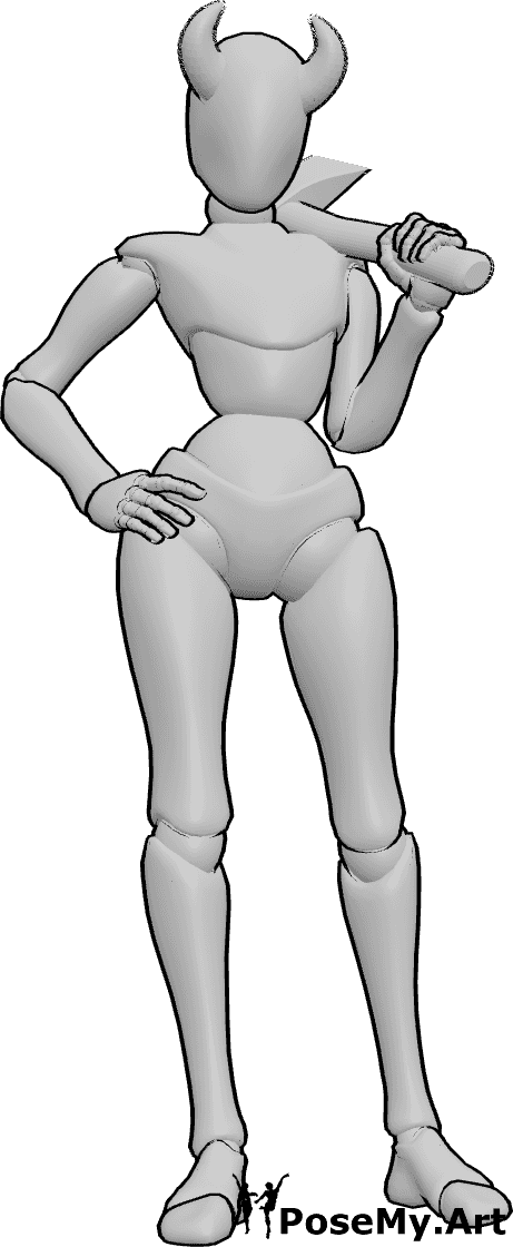Pose Reference- Female with horns holding axe pose - Female is standing, wearing horns, holding an axe in her left hand