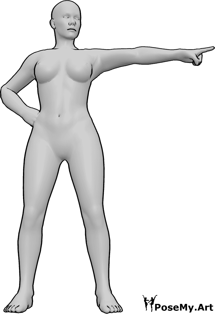 Pose Reference- Strong point forward pose - Female is standing, extending her index finger, assertive gesture pose