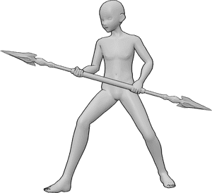 Referência de poses- Postura de mãos em punho de arma - Homem de anime de pé, segurando uma lança de duas faces com as duas mãos