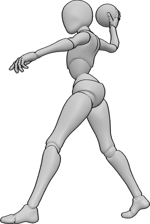 Referência de poses- Gesto de arremesso pose de mão - Mulher de pé, a atirar uma bola, segurando-a com a mão direita, pose da mão que atira