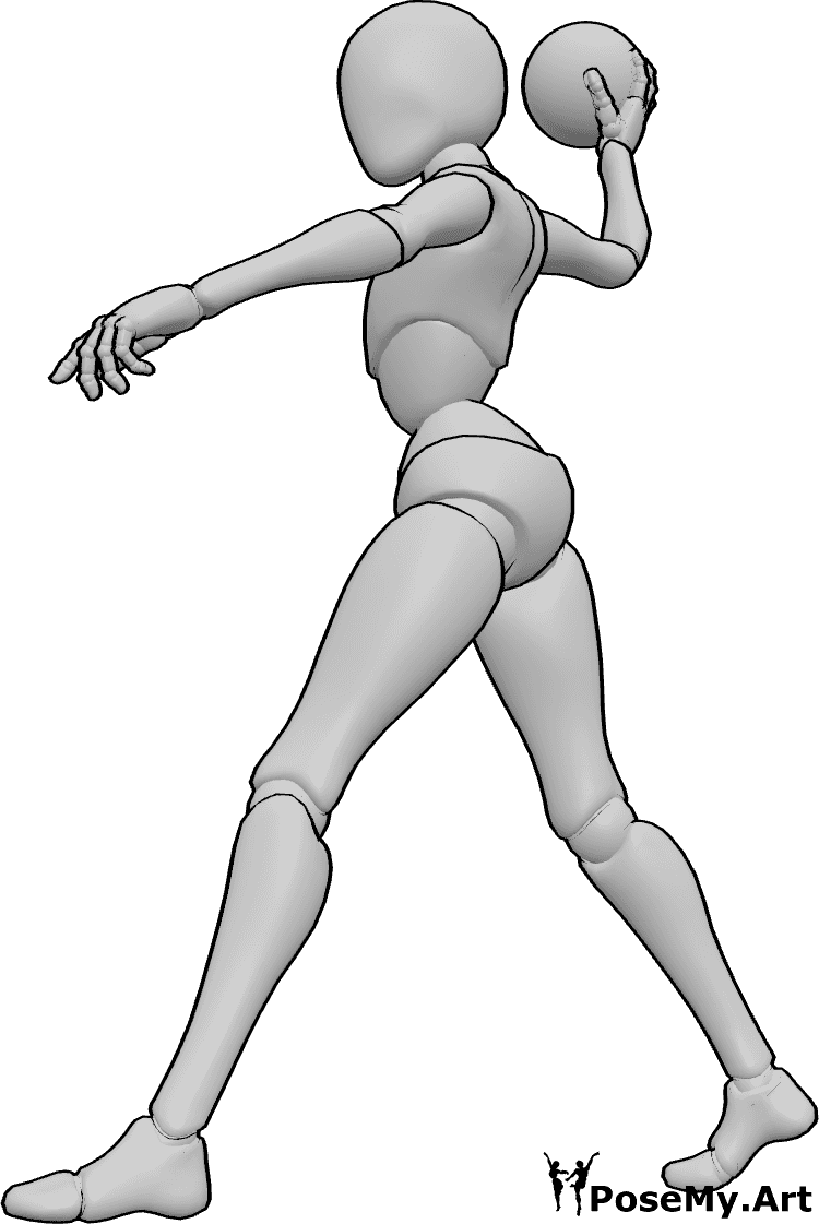 Posen-Referenz- Wurfgesten-Hand-Pose - Frau steht, wirft einen Ball, hält ihn in ihrer rechten Hand, Wurfhandpose