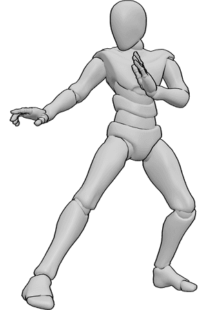 Referência de poses- Pose de guarda de artes marciais - O homem está em posição de combate, levantando as palmas das mãos para se defender