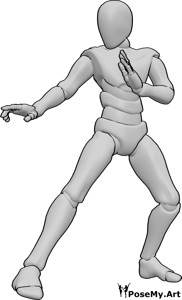 Pose Reference- Martial arts guard pose - Male is standing in combat stance, raising his palms in defense