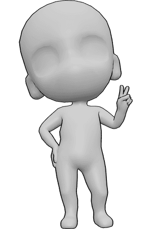 Referência de poses- Pose de mão com sinal de paz Chibi - Homem chibi giro está de pé, segurando a anca e fazendo um sinal de paz com os dedos