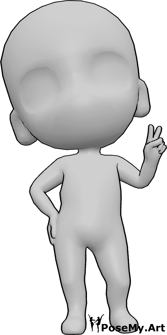 Pose Reference- Chibi peace sign hand pose - Cute chibi male is standing, holding his hip and making a peace sign with his fingers