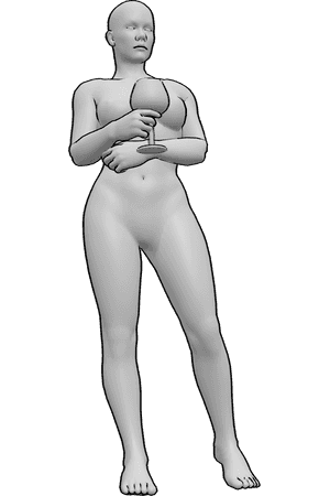 Referência de poses- Pose de mão de vidro - Mulher de pé, casualmente, segurando um copo de vinho na mão direita