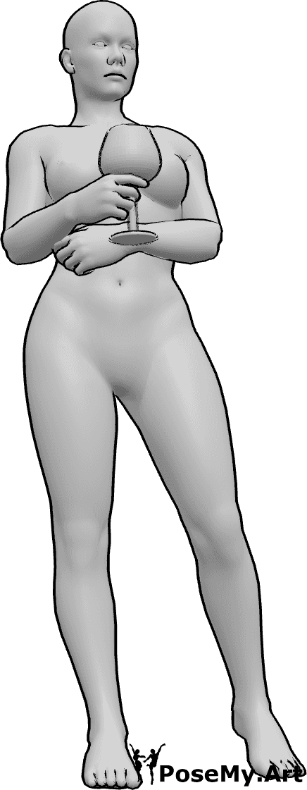 Pose Reference- Holding glass hand pose - Female is standing casually, holding a wine glass in her right hand