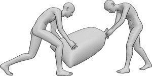 Referência de poses- Pose de aperto com duas mãos - Dois homens seguram um objeto pesado, com as mãos em pose de saco pesado