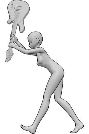 Referencia de poses- Postura loca de anime rompiendo una guitarra - Loca mujer anime está destrozando una guitarra eléctrica