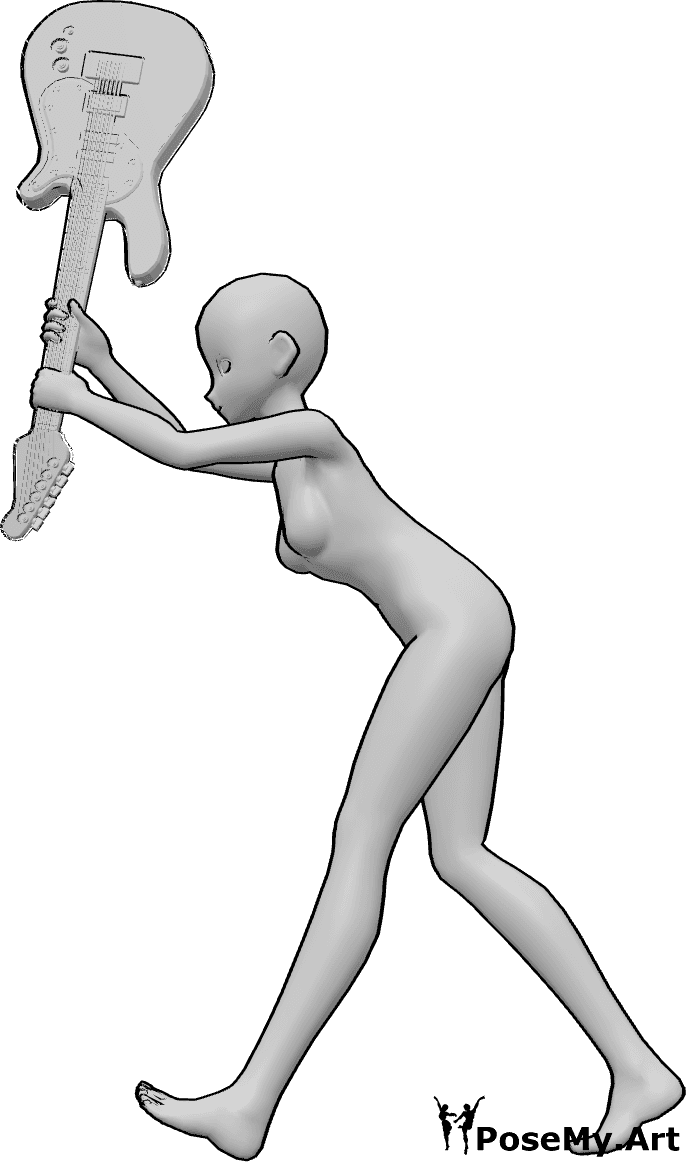 Riferimento alle pose- Posa folle da anime che spacca la chitarra - Una donna anime pazza sta distruggendo una chitarra elettrica