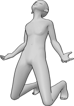 Referencia de poses- Anime masculino enloqueciendo pose - El hombre anime se vuelve loco, se arrodilla, levanta las manos y mira hacia arriba