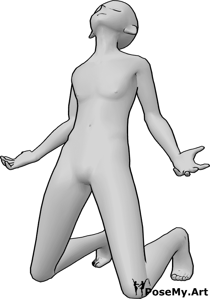 Pose Reference- Anime male going crazy pose - Anime male is going crazy, kneeling, raising his hands and looking up