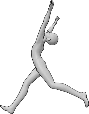 Referencia de poses- Anime masculino loco saltando pose - Hombre loco anime está saltando, levantando las manos en alto