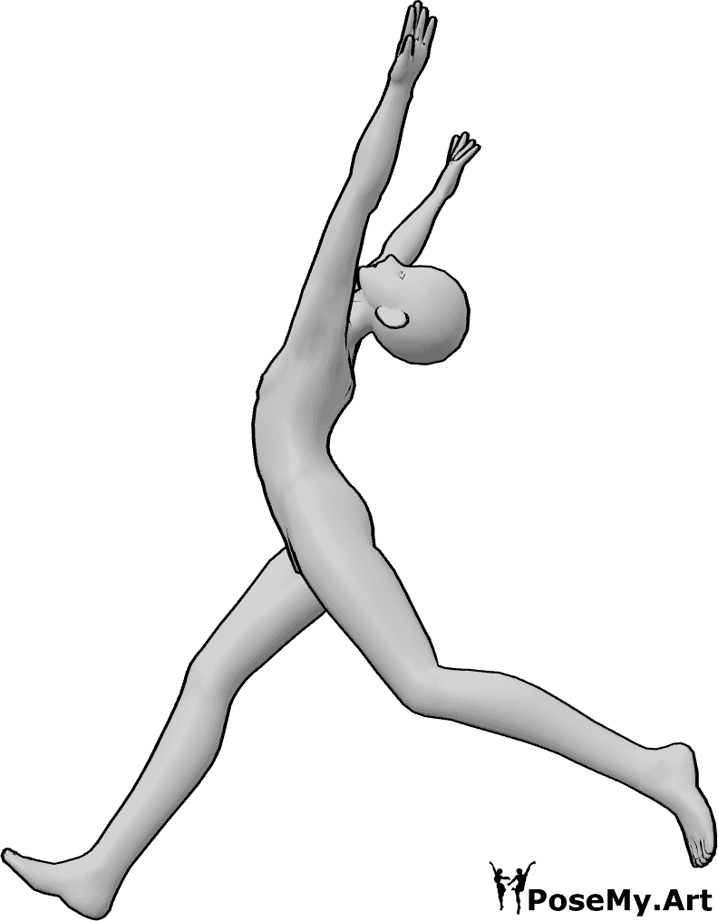 Referencia de poses- Anime masculino loco saltando pose - Hombre loco anime está saltando, levantando las manos en alto