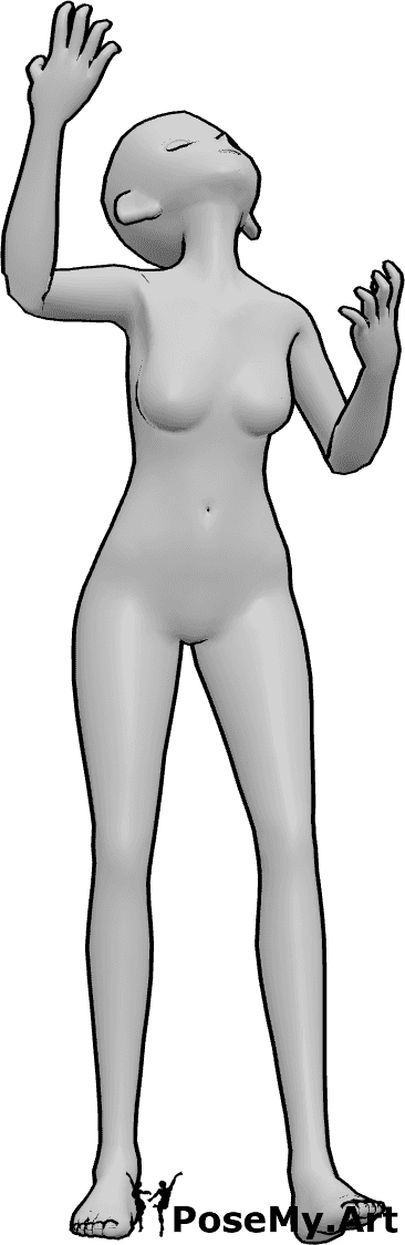 Pose Reference- Anime female going crazy pose - Anime female is going crazy, standing, raising her hands and looking up