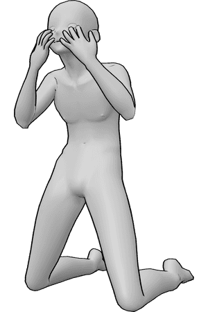 Referencia de poses- Loca pose anime tirando de los párpados - El macho anime se vuelve loco, se arrodilla y se baja los párpados