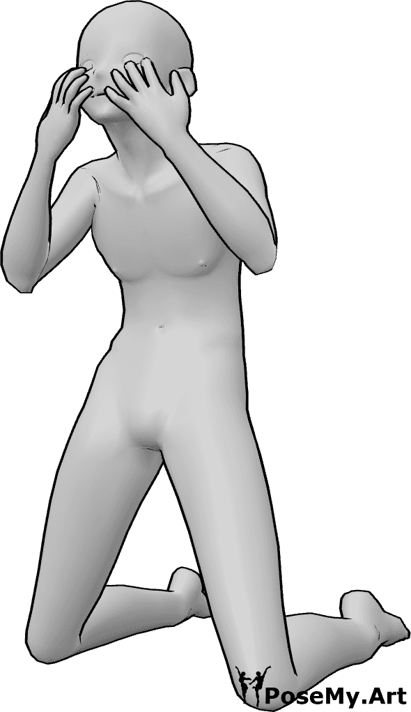 Pose Reference- Crazy anime pulling eyelids pose - Anime male is going crazy, kneeling and pulling his eyelids down
