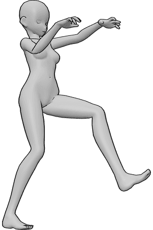 Referencia de poses- Anime femenino loco caminando pose - Anime mujer está caminando loco, imitando a un zombi, anime loco caminar pose