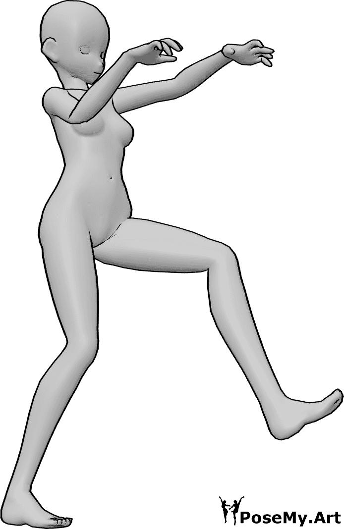 Pose Reference- Anime female crazy walking pose - Anime female is walking crazy, imitating a zombie, anime crazy walk pose