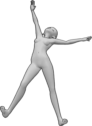 Referencia de poses- Anime femenino loco saltando pose - La hembra anime salta como una loca, abriendo los brazos y las piernas, mirando hacia arriba