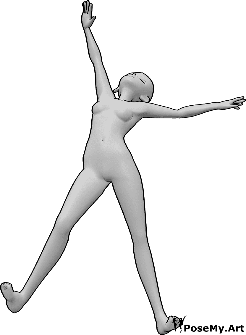 Pose Reference- Anime female crazy jumping pose - Anime female is jumping crazy, spreading her arms and legs, looking up