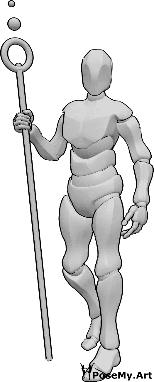 Référence des poses- Pose du sceptre magique debout - Sorcier masculin tenant un sceptre magique, pose debout
