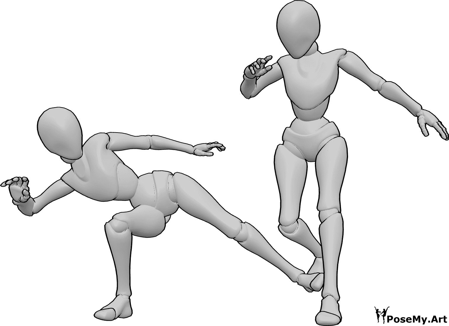 Pose Reference- Low kick strike pose - Females are fighting, one female is kicking, the other is dodging the attack