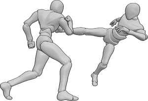 Referência de poses- Pose de bloqueio com pontapé alto - Os machos estão a lutar, um macho está a dar pontapés, o outro está a bloquear com o seu antebraço