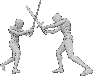 Referência de poses- Pose de confronto de espadas - Dois homens estão a lutar, espadas em confronto, referência de cena de luta de espadas