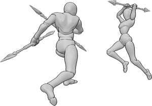 Referência de poses- Pose de golpe de lança à cabeça - A fêmea e o macho estão a lutar com lanças, a fêmea está a atacar