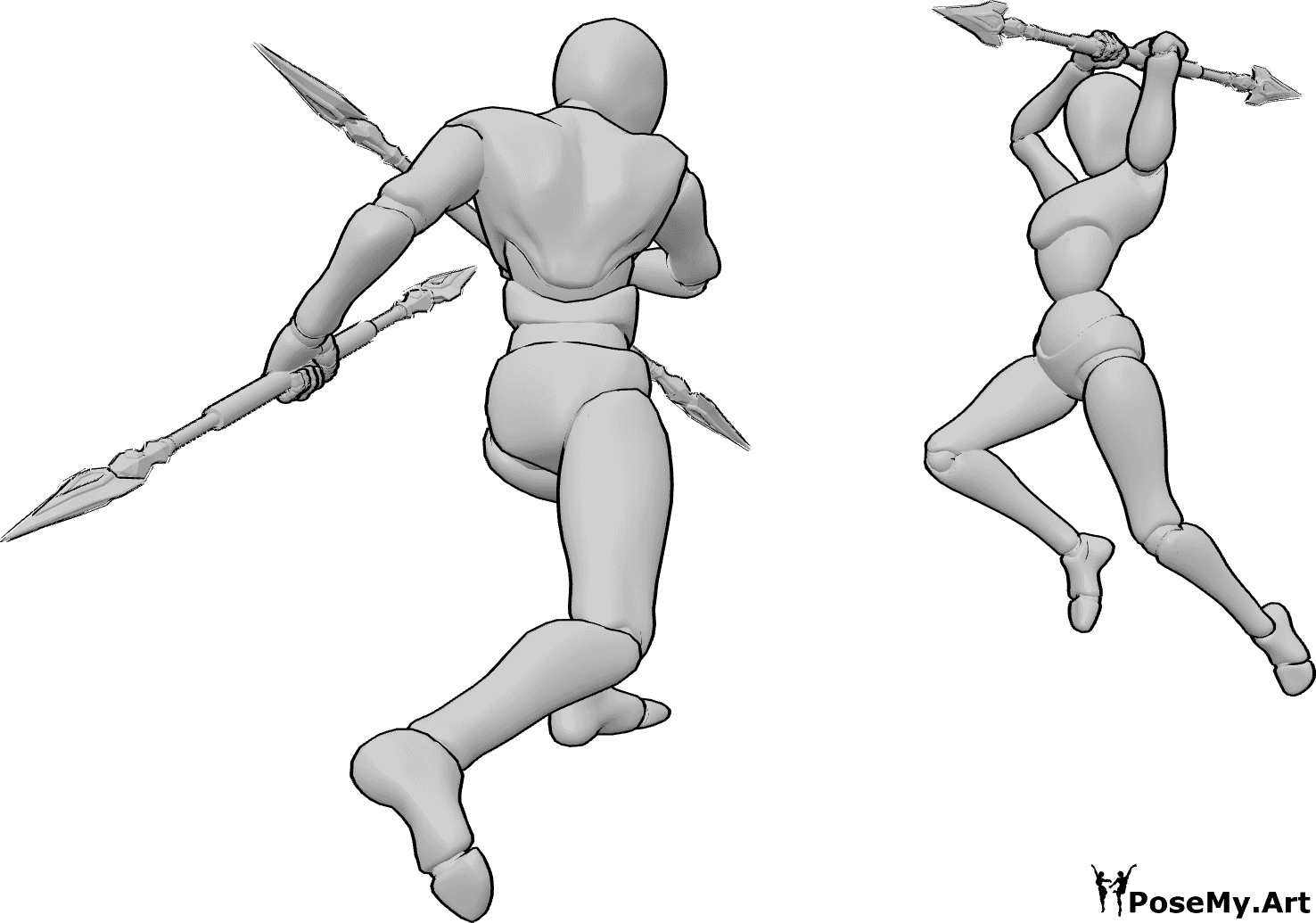 Pose Reference- Overhead spear strike pose - Female and male are fighting with spears, female is attacking