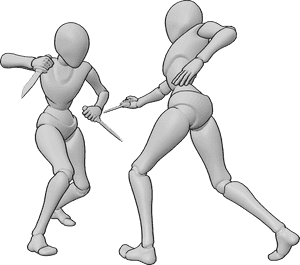 Referência de poses- Pose de combate com punhal de mulher - As mulheres estão a lutar com punhais, referência a cenas de luta femininas