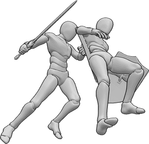 Referência de poses- Pose de golpe de escudo - O macho está a derrubar o adversário com uma pancada de escudo