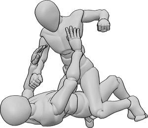 Referência de poses- Pose de luta no solo - Os homens estão a lutar no chão, um está em cima do outro e dá-lhe um murro