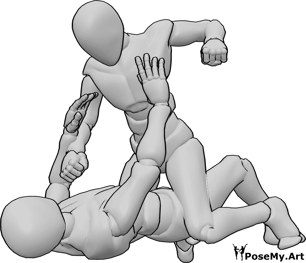 Pose Reference- Ground grapple pose - Males are fighting on the ground, one is on top of the other and punching him