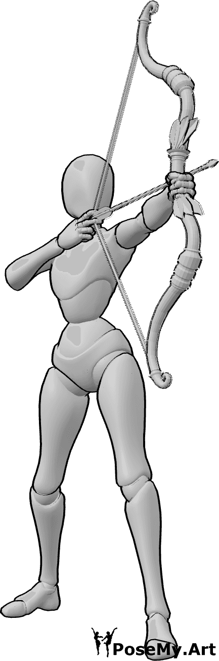 Pose Reference- Female drawing aiming pose - Female is standing confidently and aiming her bow