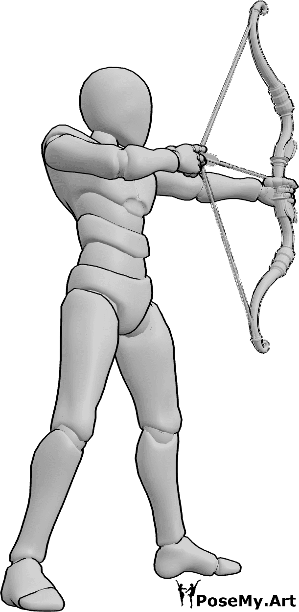 Pose Reference- Male drawing aiming pose - Male is standing confidently and aiming his bow