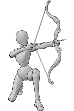 Posen-Referenz- Weibliche kniend schießen Bogen Pose - Die Frau kniet und zielt mit ihrem Bogen